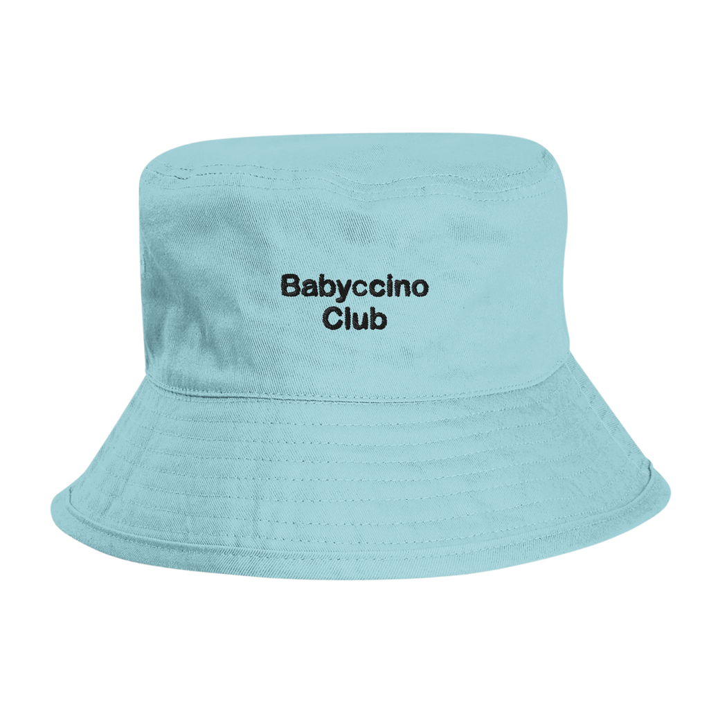 Babyccino Club organic cotton kids bucket hat with embroidered front lettering, Captured Headwear