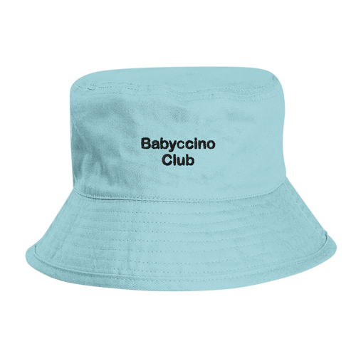 Babyccino Club organic cotton kids bucket hat with embroidered front lettering, Captured Headwear