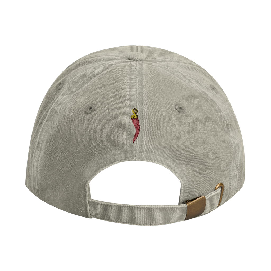 portafortuna vintage cotton dad cap with embroidered lettering and red cornicello on the back, Captured Headwear
